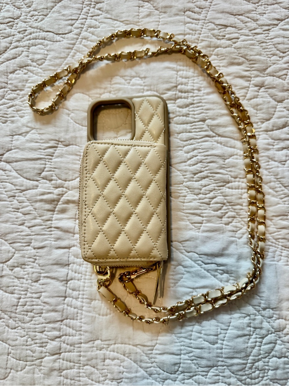 Beige Quilted Crossbody Phone Case with Gold Chain